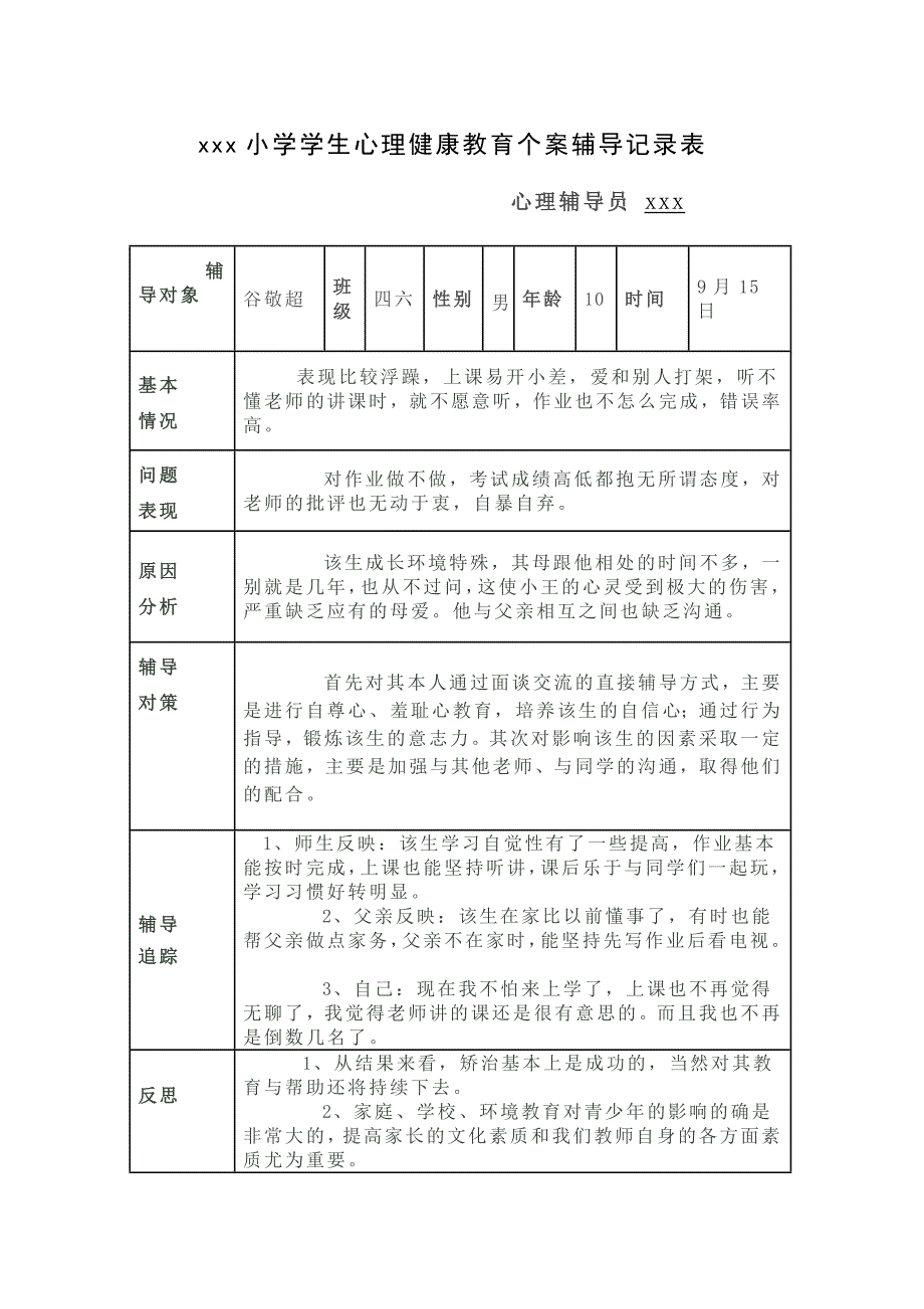 小学学生心理健康教育个案辅导记录表_第1页