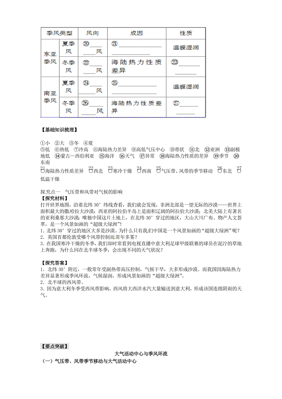 最新人教版高中地理必修一导学案：2.3.4大气活动中心与季风环流_第2页