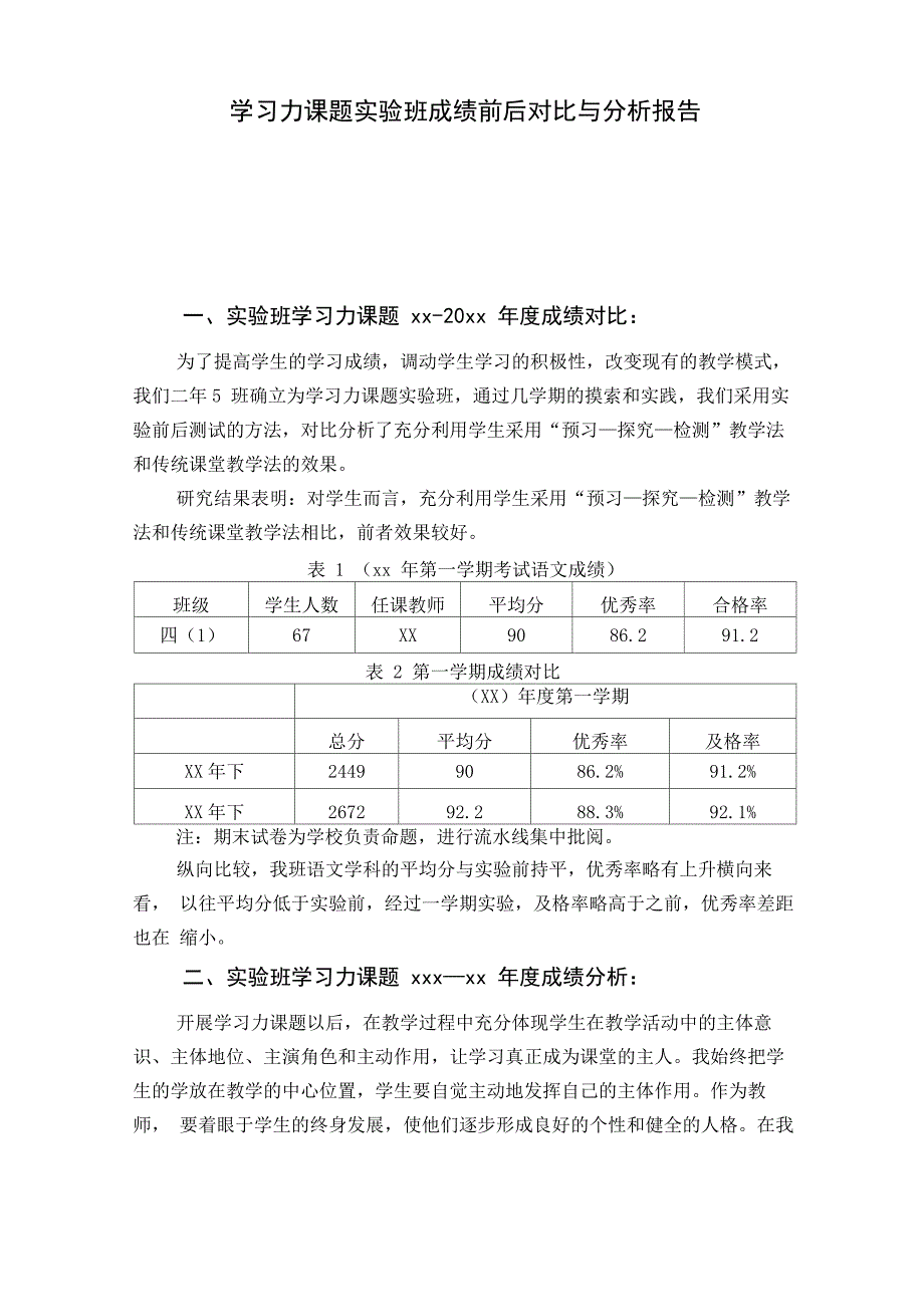 学习力课题实验班成绩前后对比与分析报告_第1页