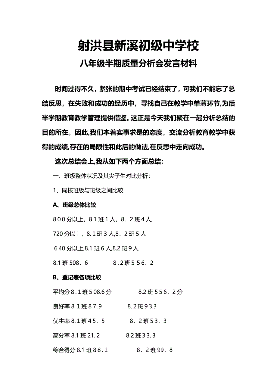 初二期中考试质量分析会发言稿_第1页