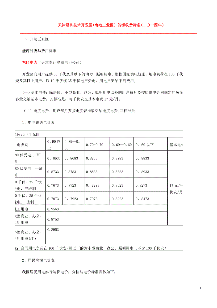 天津经济技术开发区(南港工业区)能源收费标准(二〇一四年)_第1页