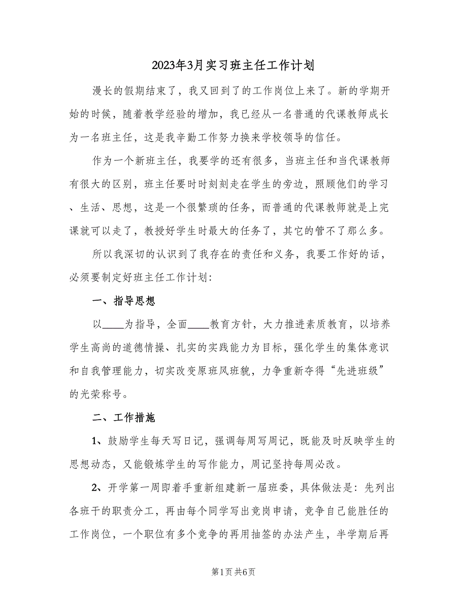 2023年3月实习班主任工作计划（二篇）_第1页