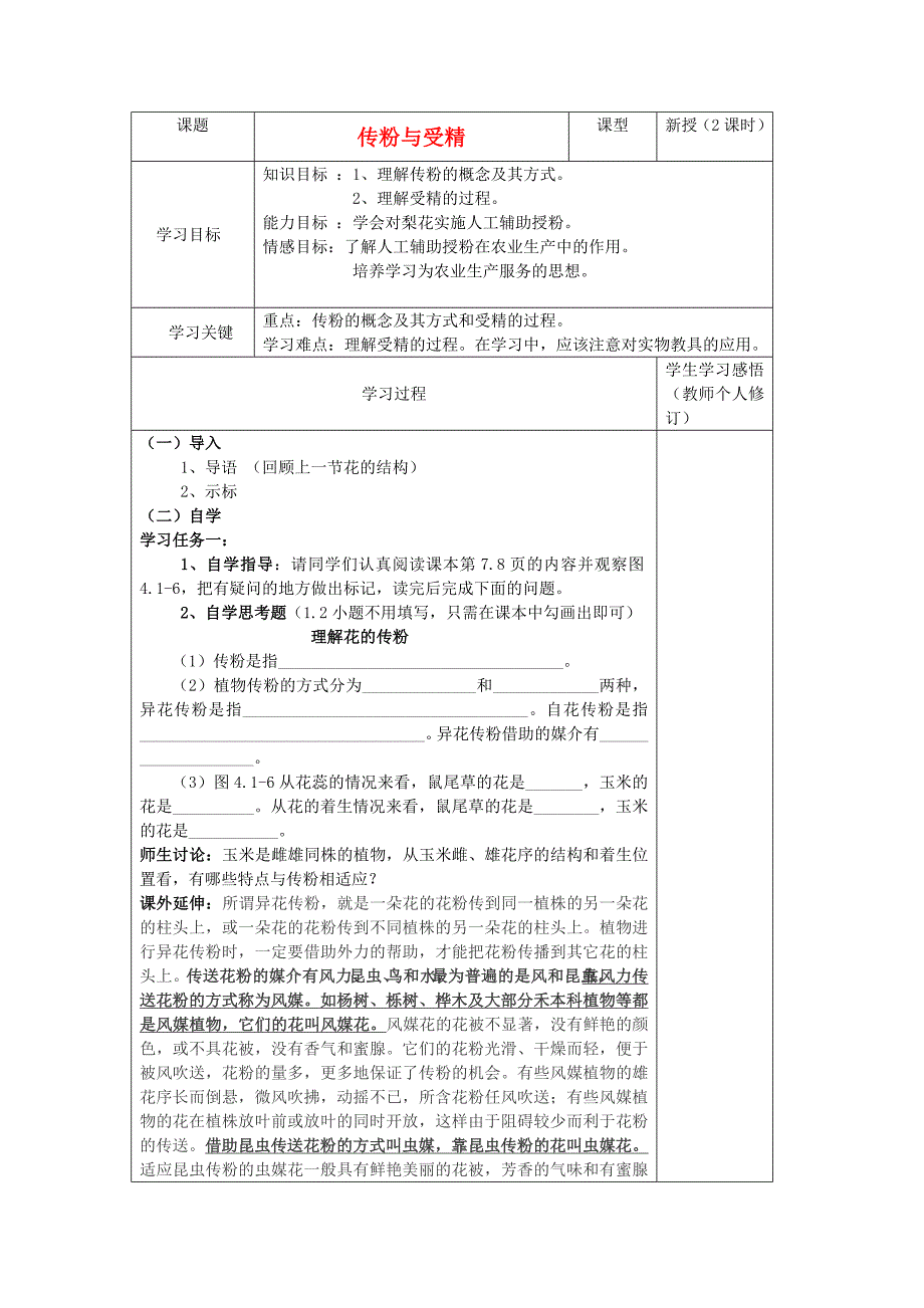 精选类山东省庆云县八年级生物上册4.1.2传粉与受精学案无答案济南版_第1页