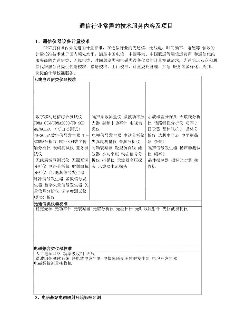 通信行业常需的技术服务内容及项目_第1页