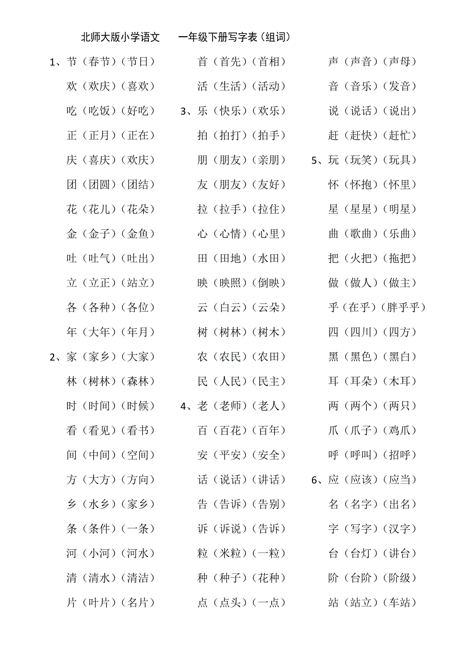 北师大版小学语文一年级下册生字表_第1页