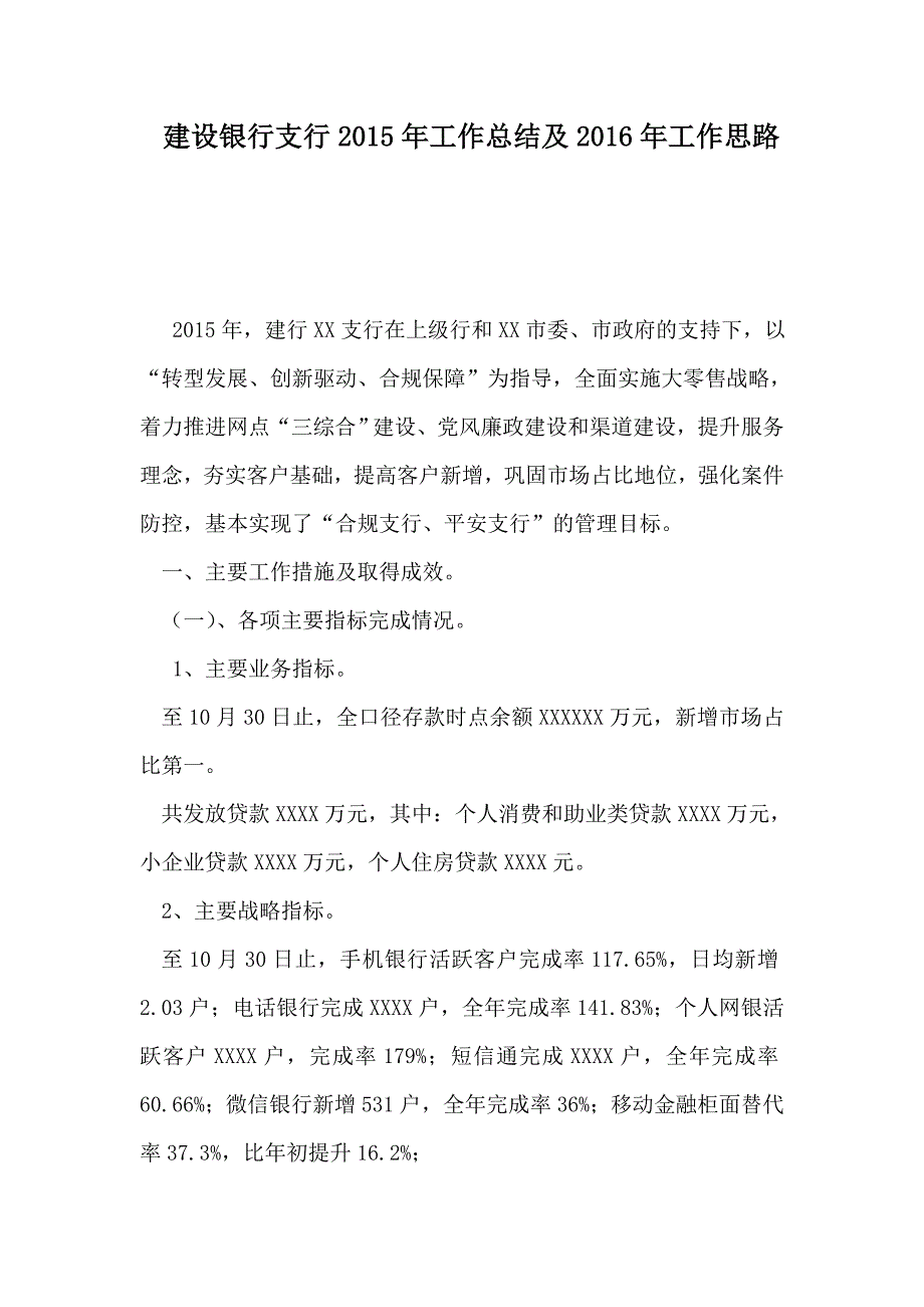 建设银行支行2015年工作总结及2016年工作思路_第1页