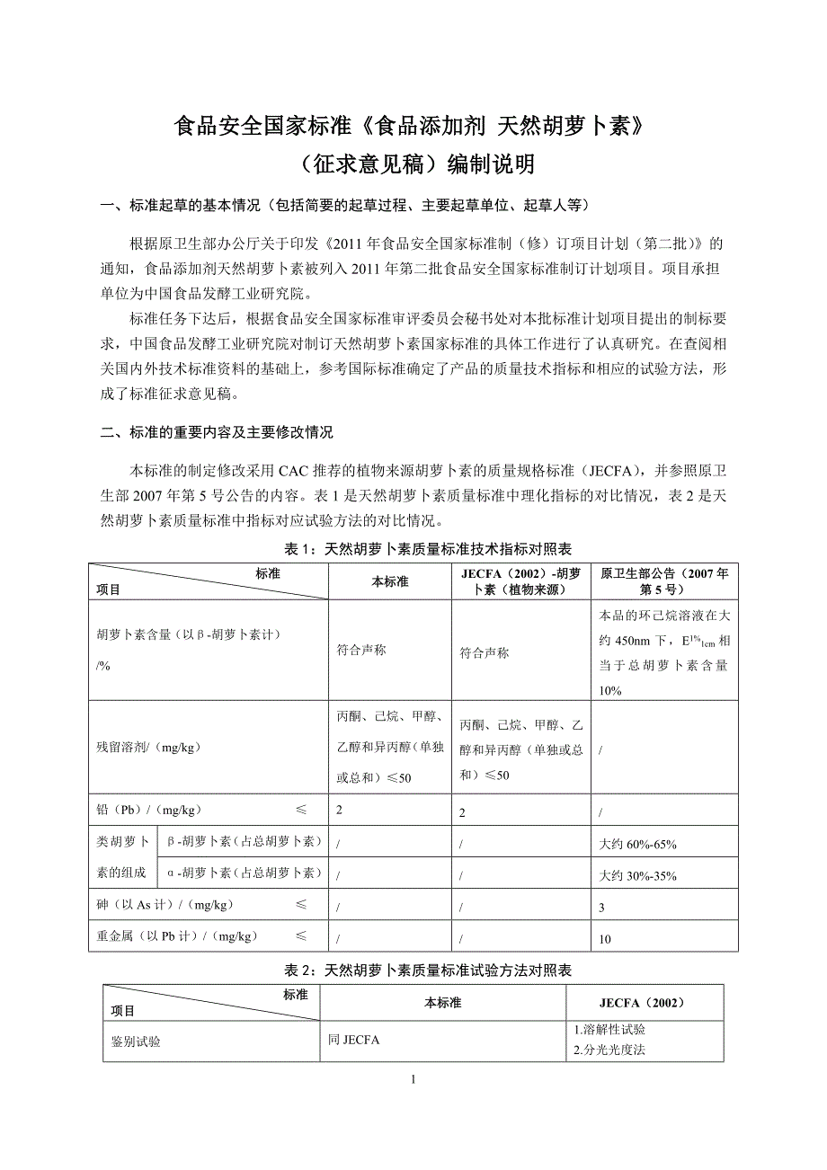10-2食品添加剂 天然胡萝卜素编制说明征求意见稿-简版_第1页