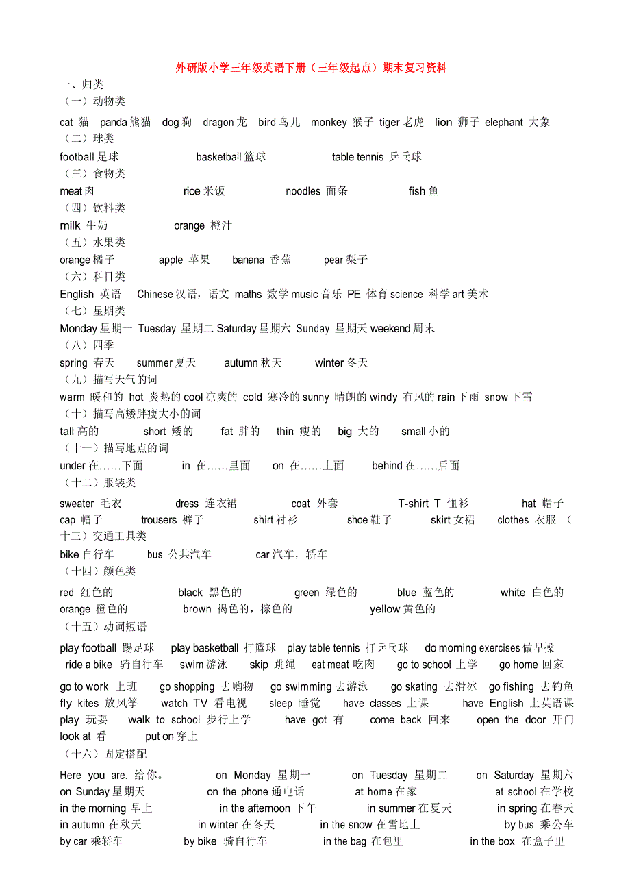 新外研版小学三年级英语下册(三年级起点)期末复习知识点归纳_第1页