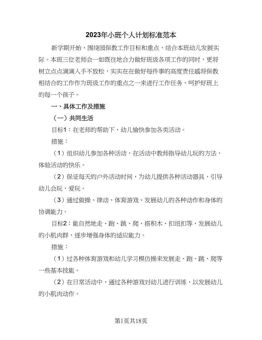 2023年小班个人计划标准范本（四篇）_第1页