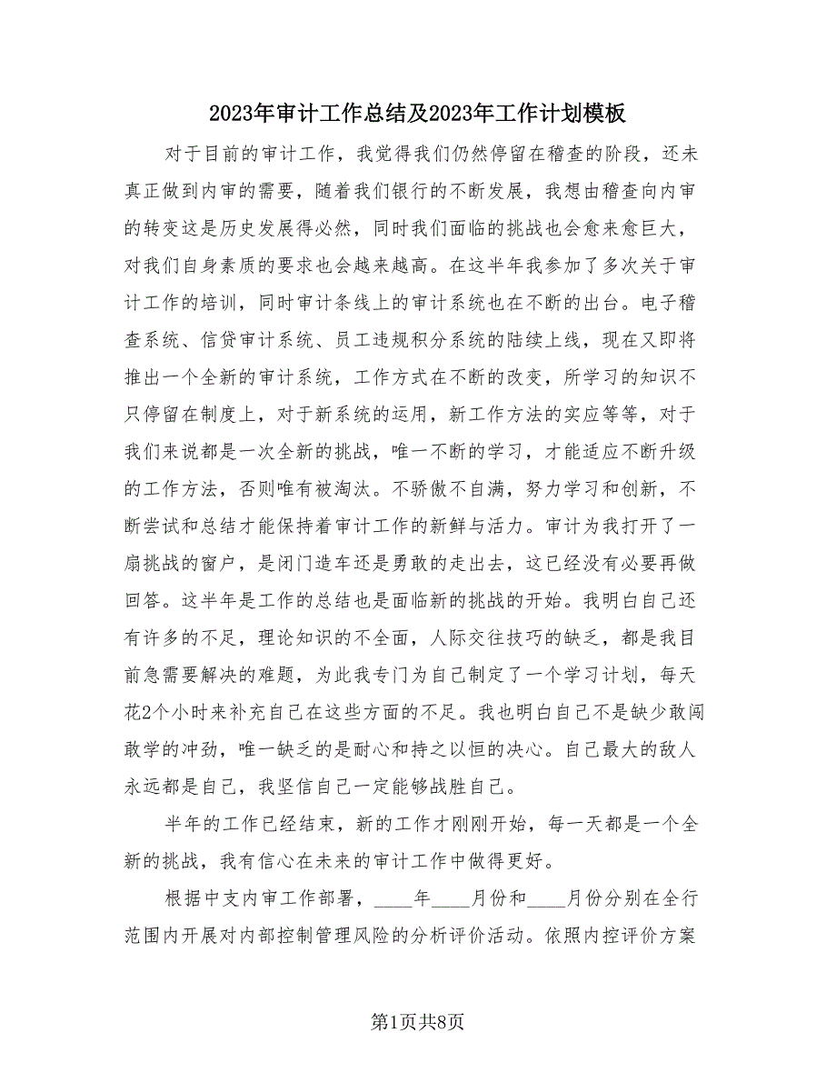 2023年审计工作总结及2023年工作计划模板（3篇）.doc_第1页