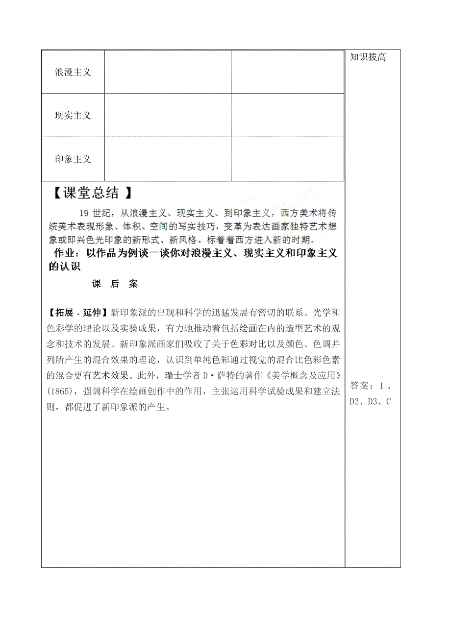 2022年高中美术 第11课 浪漫主义、现实主义与印象主义美术学案_第4页