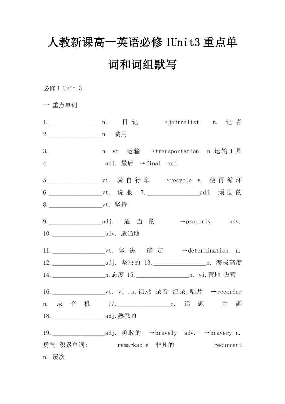 人教新课高一英语必修1Unit3重点单词和词组默写_第1页