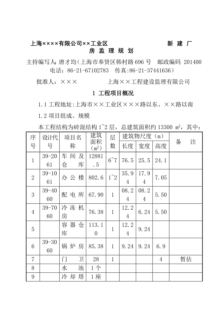 上海某新建厂房监理规划_第1页