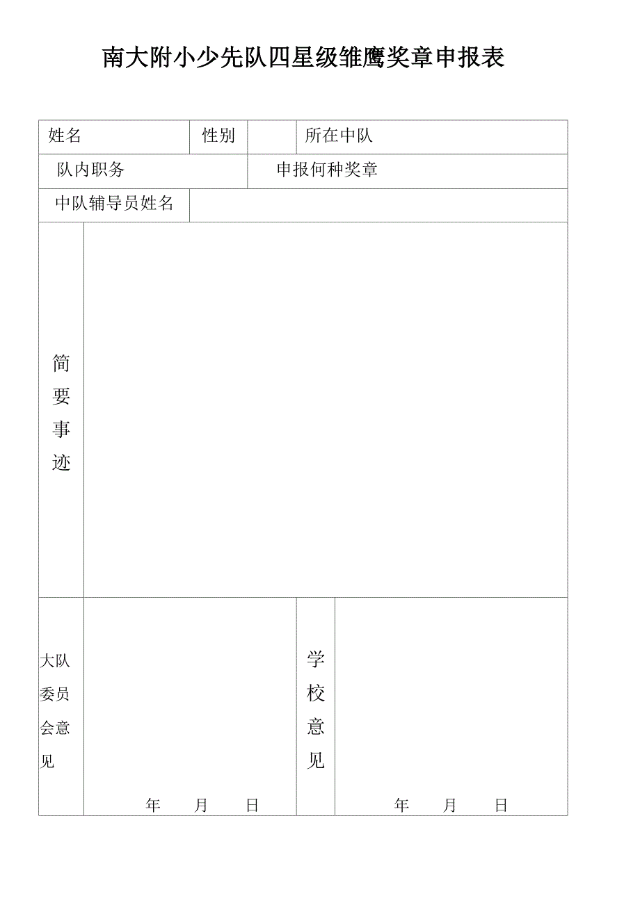 南大附小少先队四星级雏鹰奖章申报表_第1页