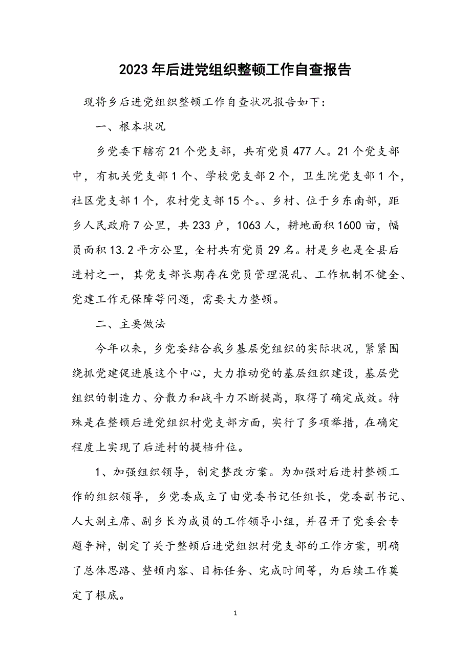 2023年后进党组织整顿工作自查报告.DOCX_第1页