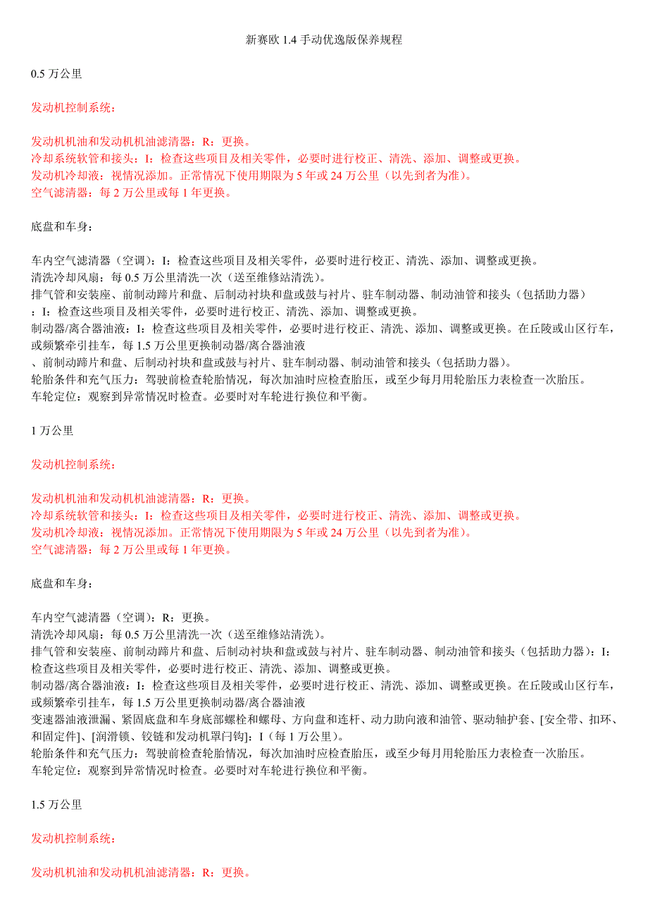 整理：新赛欧14手动优逸版按里程保养规程_第1页