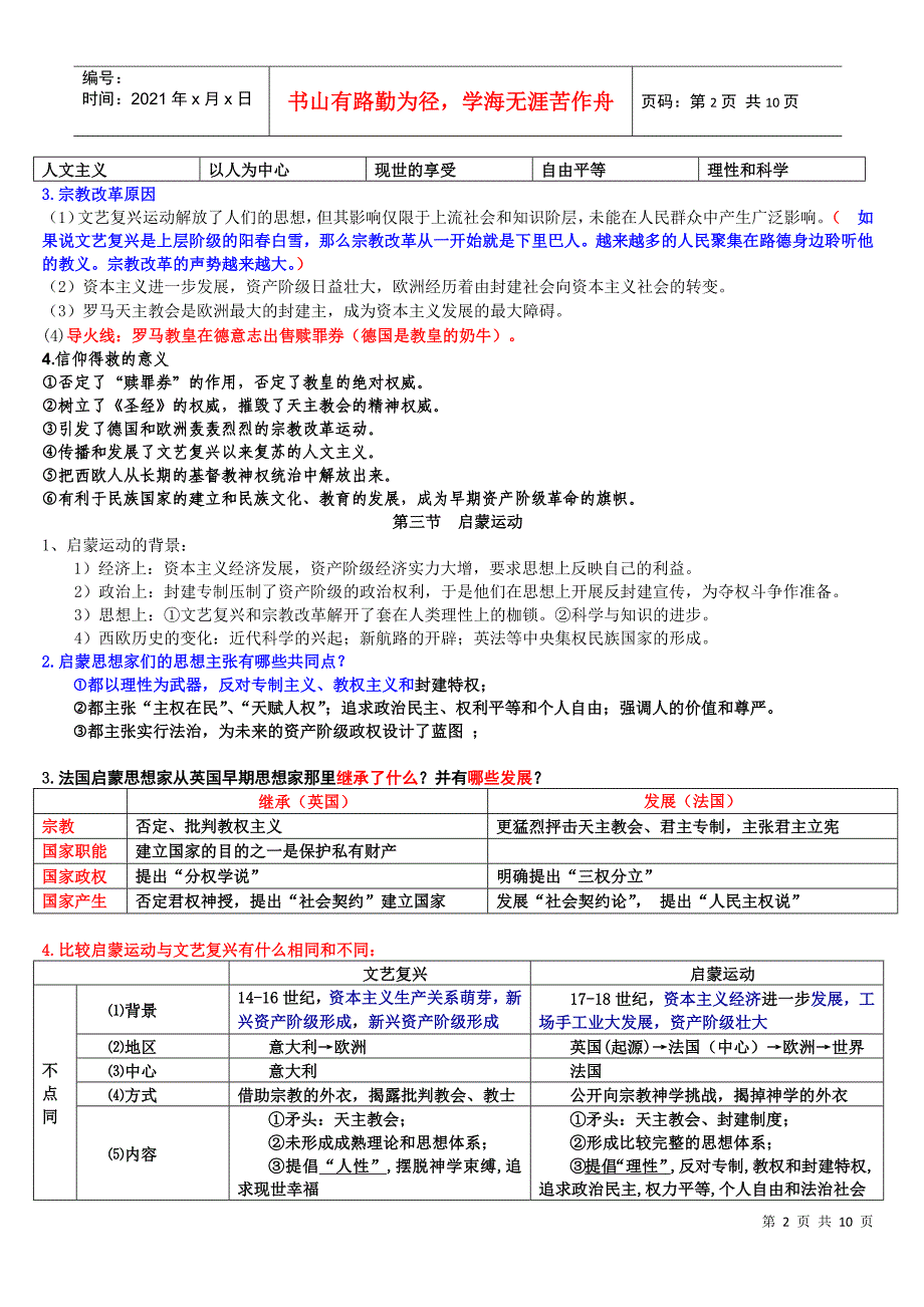 专题六 西方人文精神的起源与发展-----学案_第2页