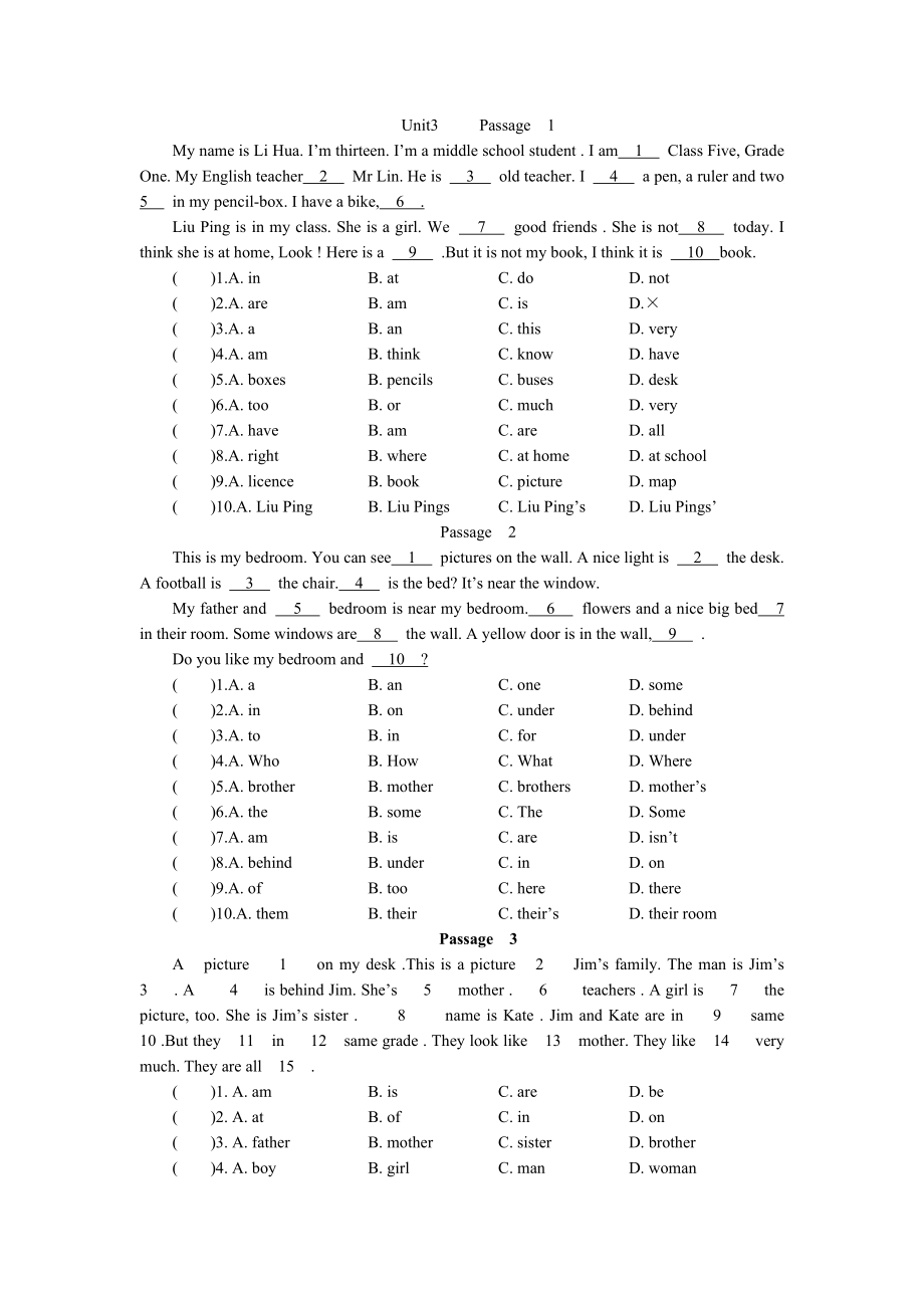 人教新目标七年级下2010-2011学年初一英语完形填空100篇_第4页