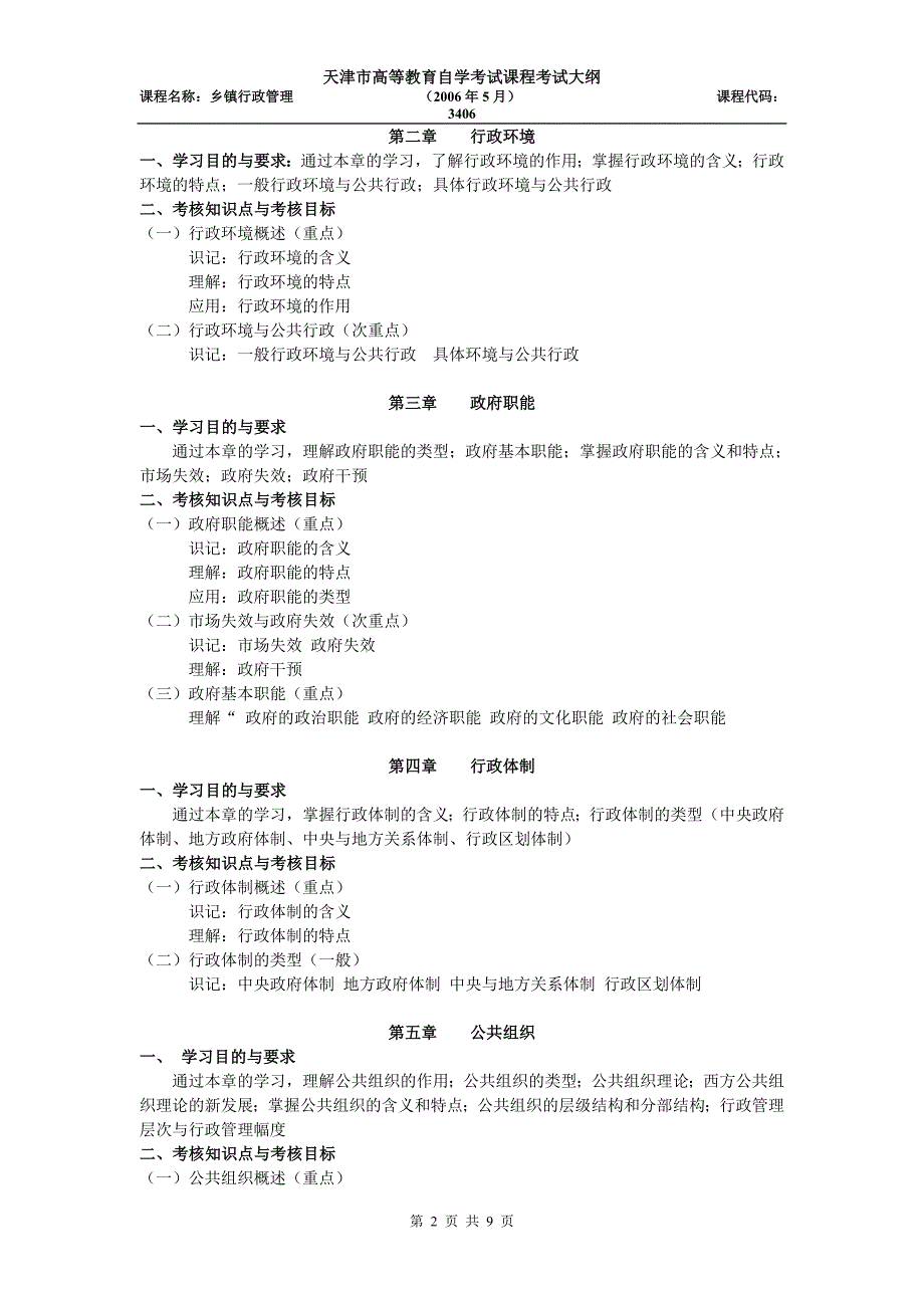 天津2012年自考“乡镇行政管理”3406课程考试大纲.doc_第2页