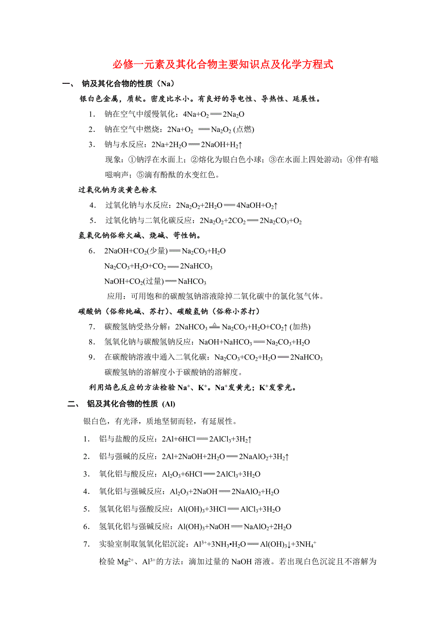 高中化学 元素及其化合物主要知识点及化学方程式 新人教版_第1页