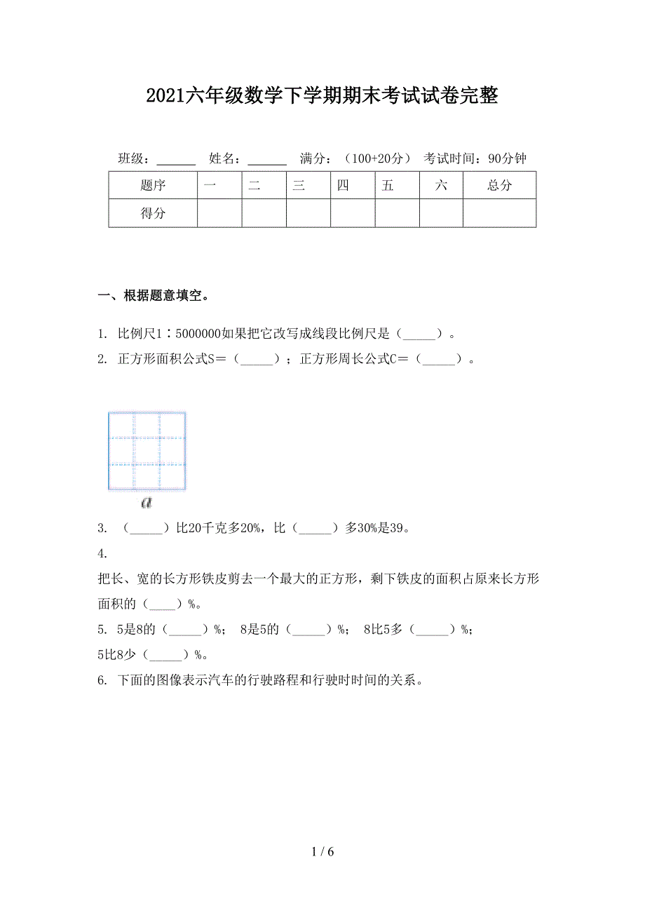 2021六年级数学下学期期末考试试卷完整_第1页