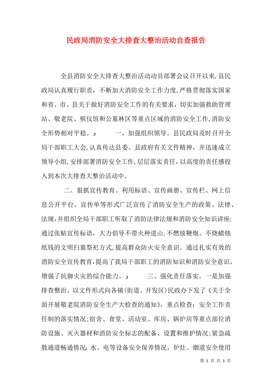 民政局消防安全大排查大整治活动自查报告_第1页