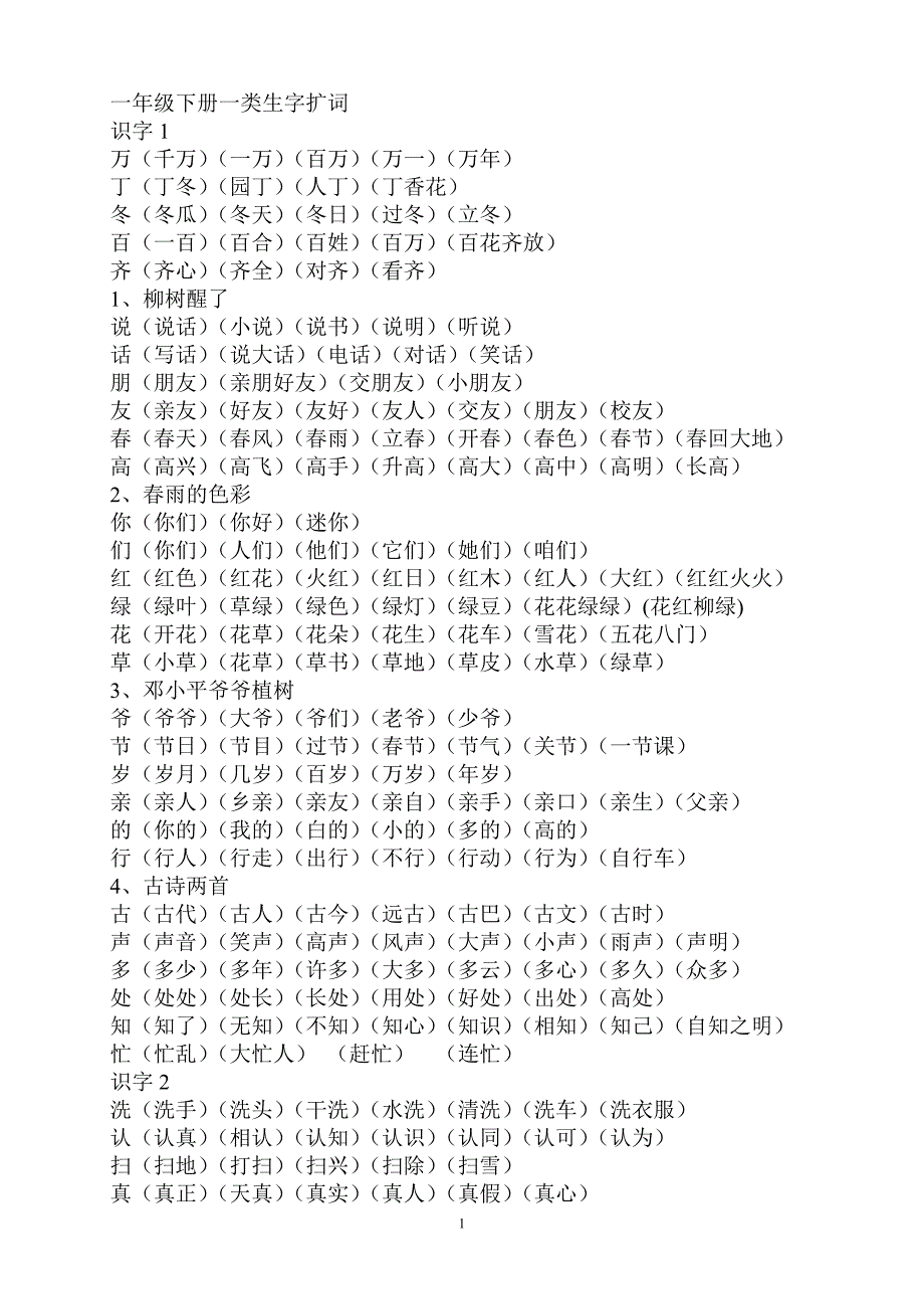 小学一年级语文下册一类字扩词.doc_第1页