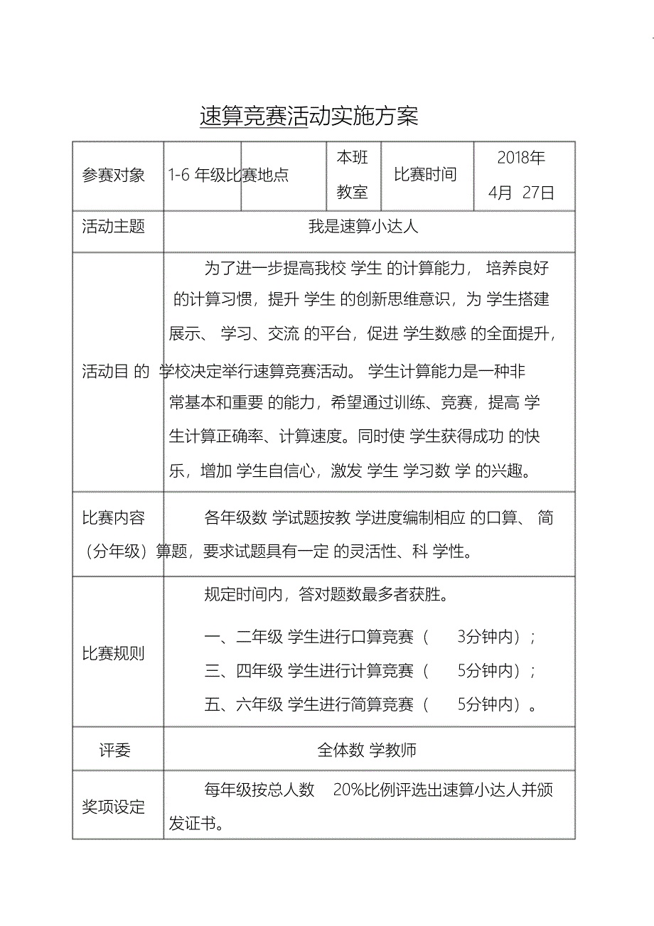 （完整版）计算小达人活动方案、总结表_第1页