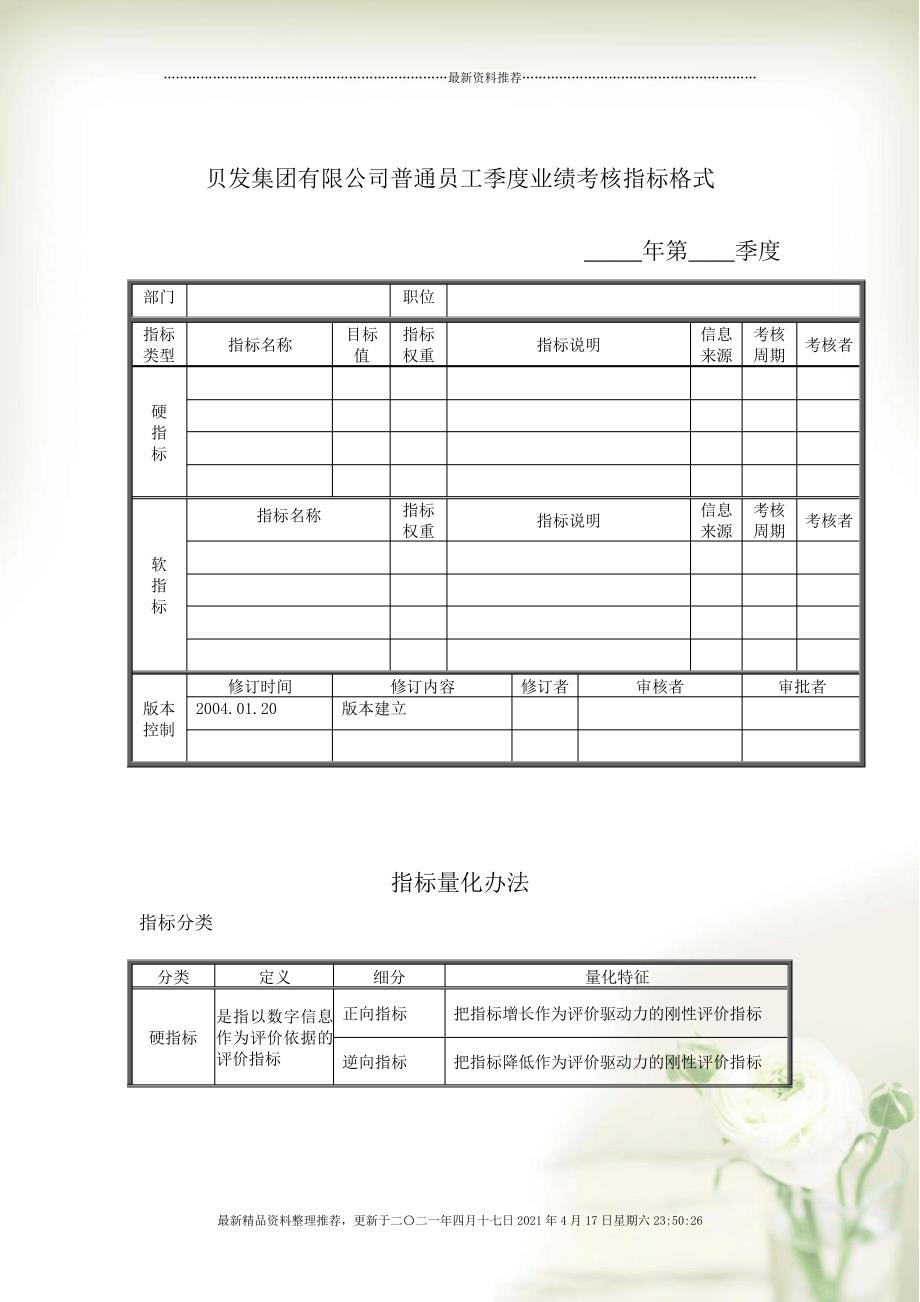 宁波贝发集团有限公司普通员工季度考核用表全新精选_第1页