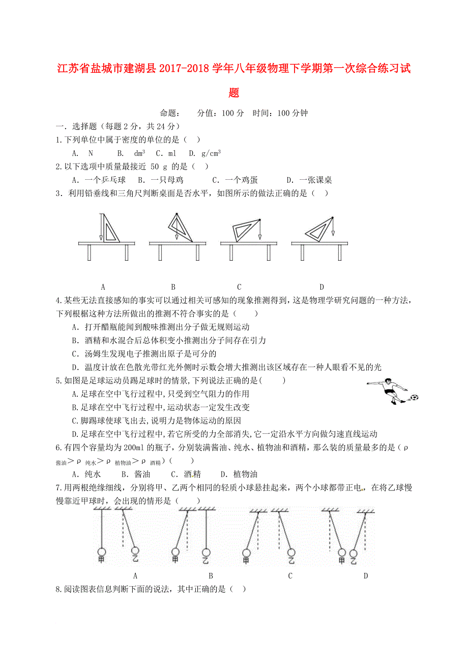 江苏省盐城市建湖县八年级物理下学期第一次综合练习试题 苏科版_第1页