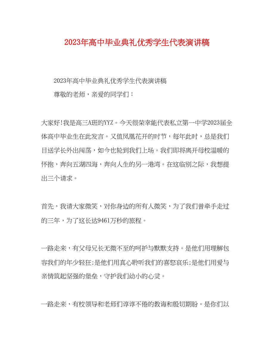 2023年高中毕业典礼优秀学生代表演讲稿.docx_第1页