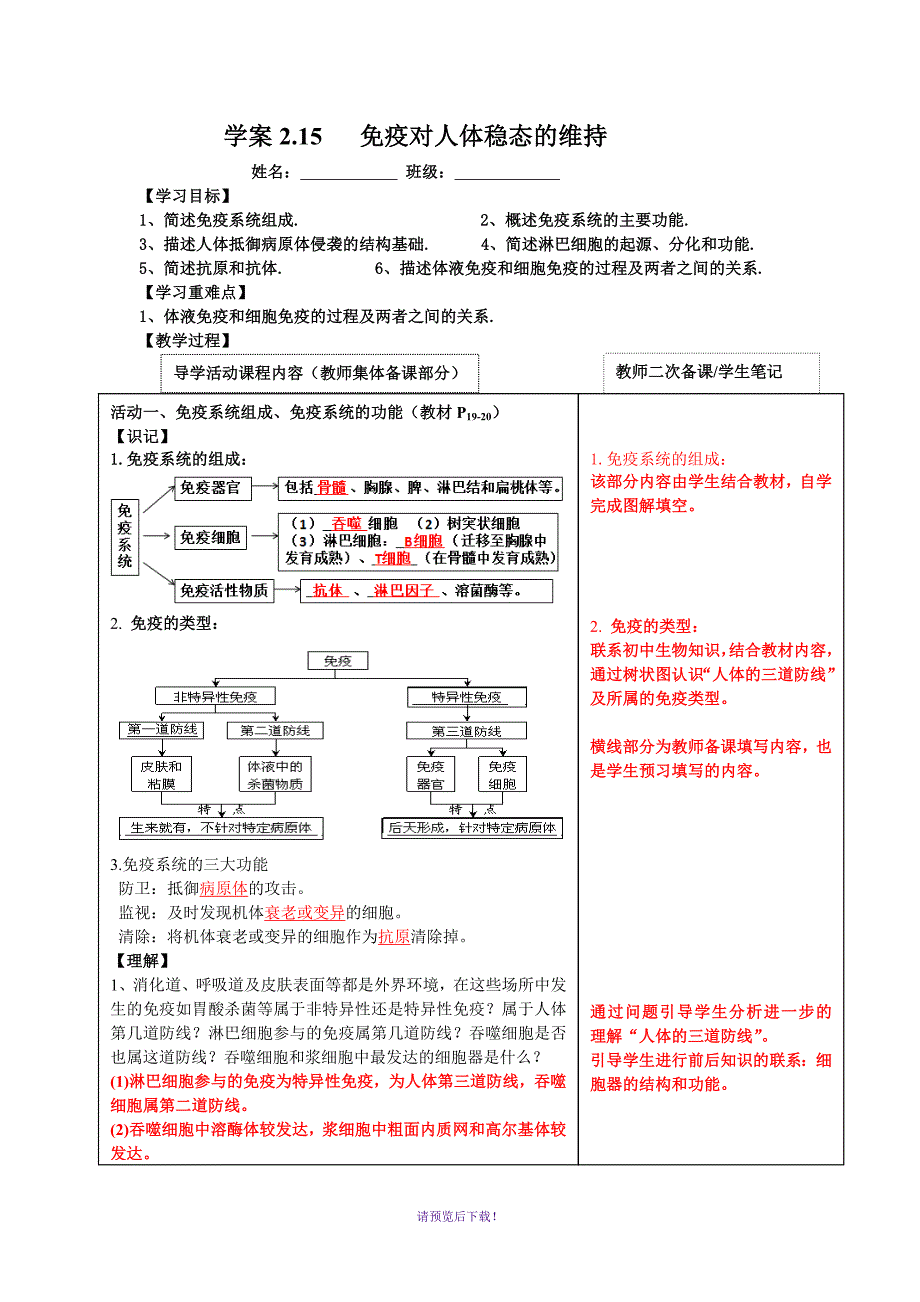 免疫调节复习学案_第1页