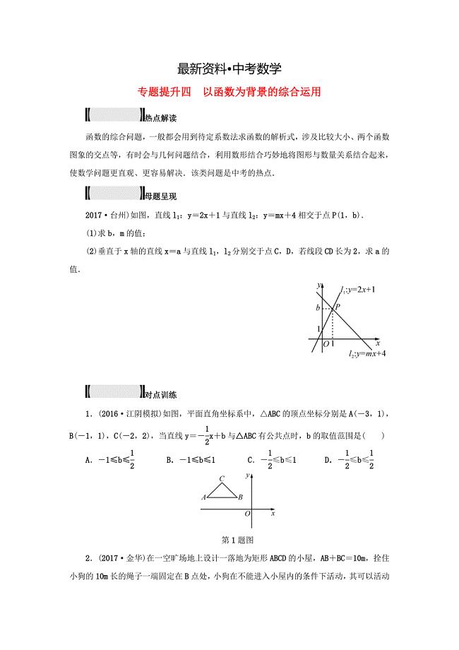 【最新资料】浙江省 中考数学总复习专题提升四以函数为背景的综合运用试题