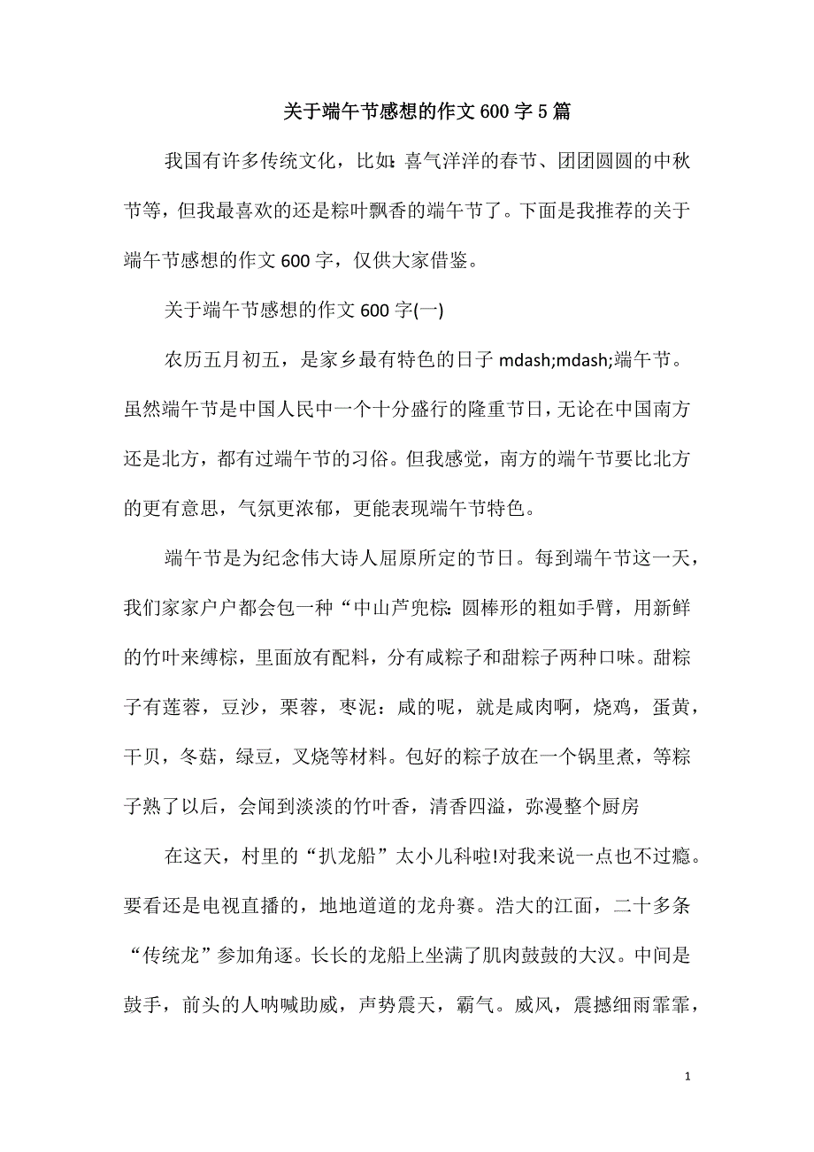 关于端午节感想的作文600字5篇_第1页