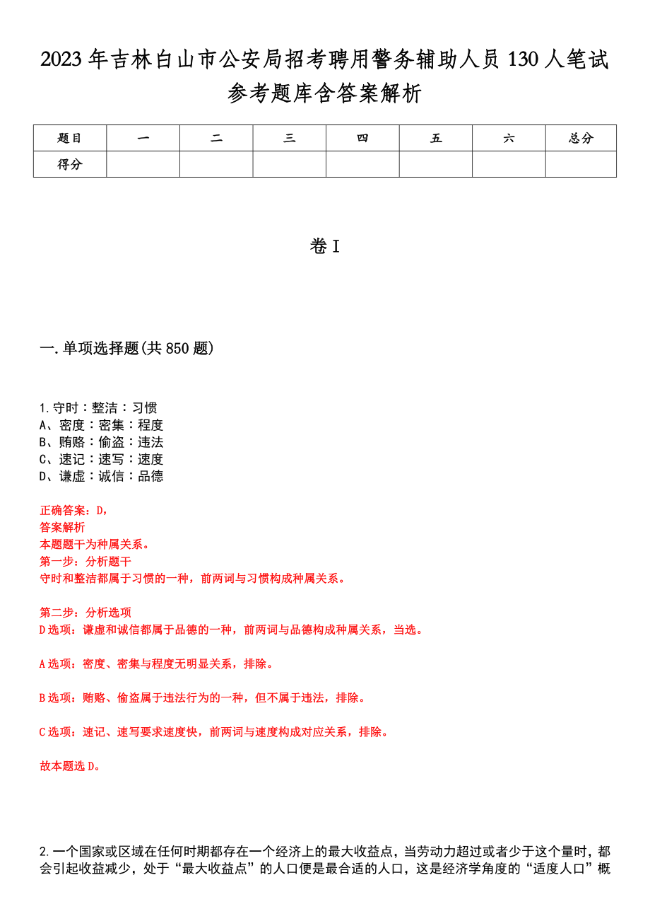 2023年吉林白山市公安局招考聘用警务辅助人员130人笔试参考题库含答案解析_第1页