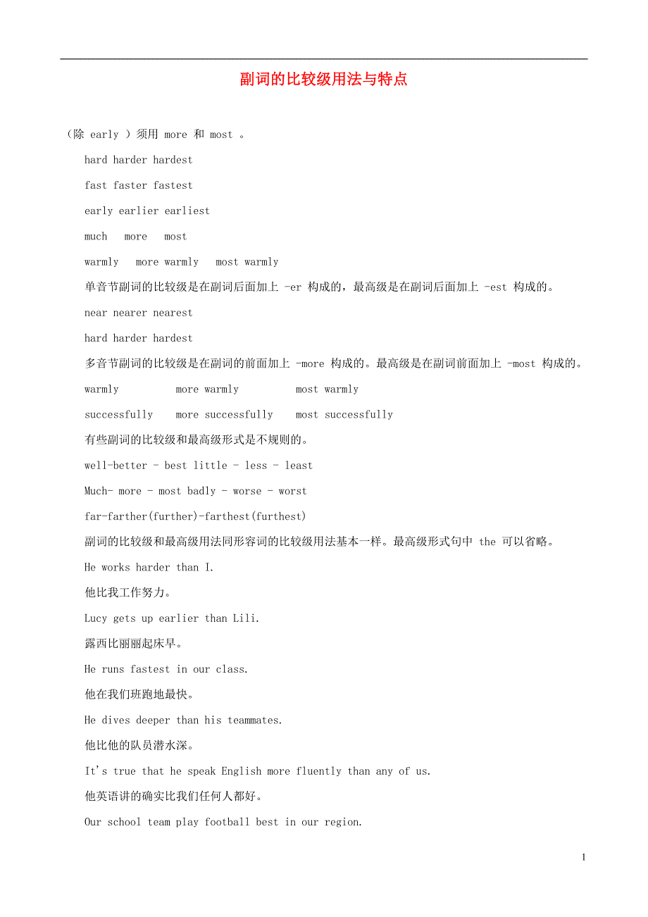 安徽省明光英普辅导中心初中英语 知识点复习总结 副词的比较级用法与特点_第1页