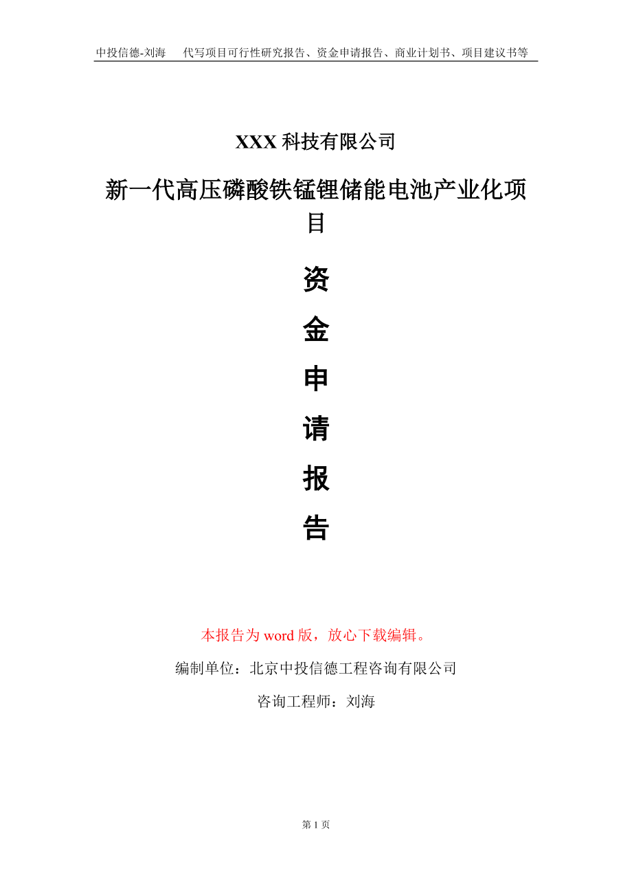 新一代高压磷酸铁锰锂储能电池产业化项目资金申请报告写作模板_第1页