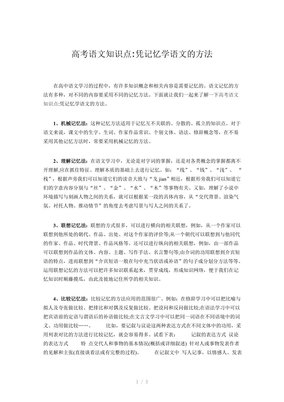 2014年高考语文知识点凭记忆学语文的方法_第1页