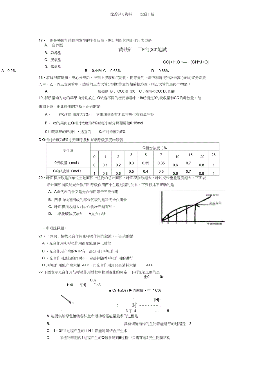 《细胞呼吸与光合作用》专题训练(一)附答案_第4页