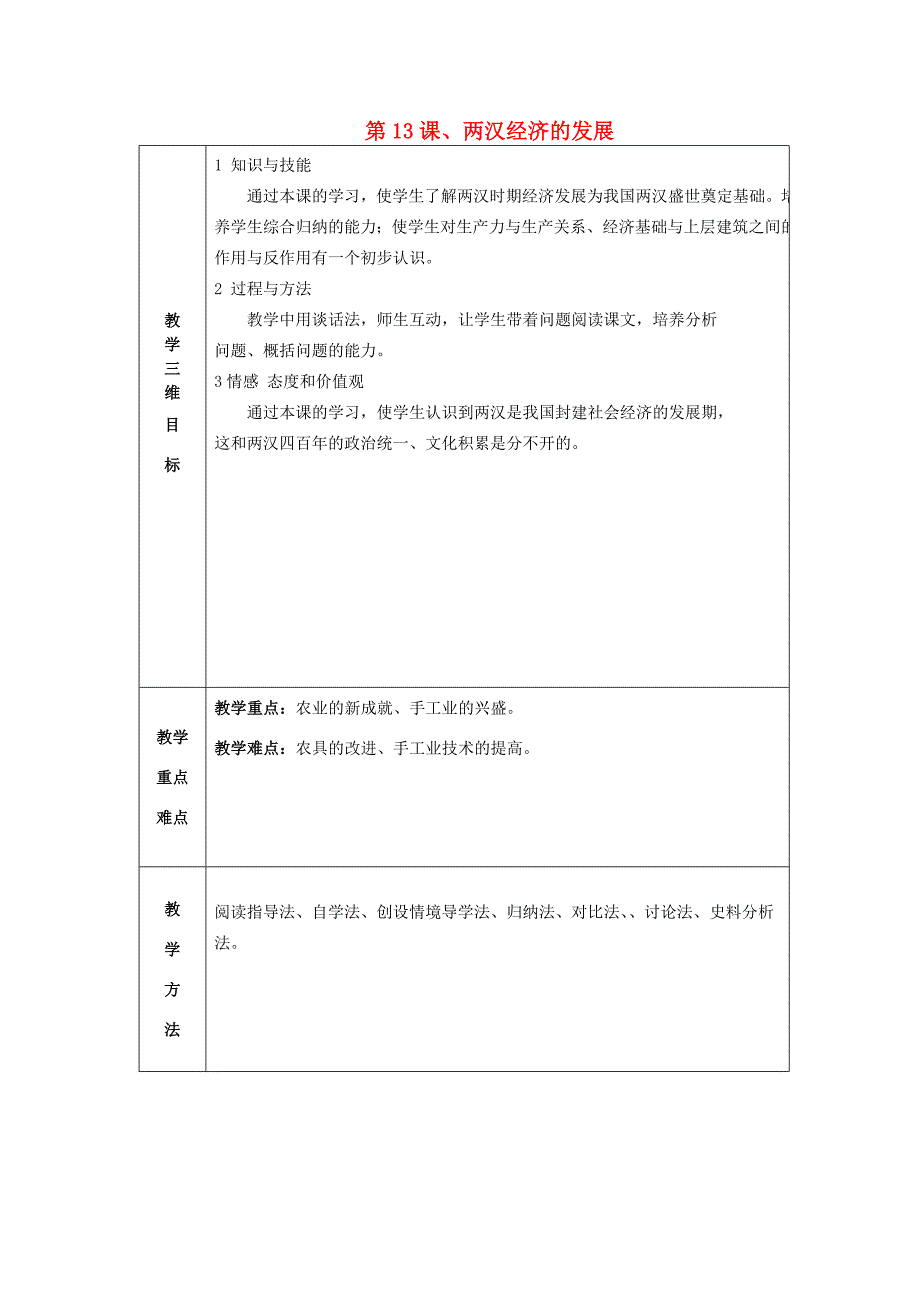 七年级历史上册第13课两汉经济的发展教案新人教版教案_第1页