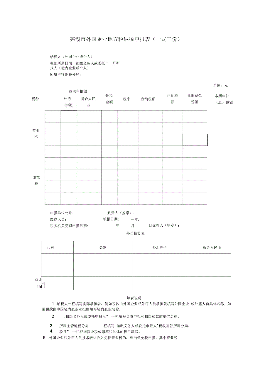 芜湖市外国企业地方税纳税申报表_第1页