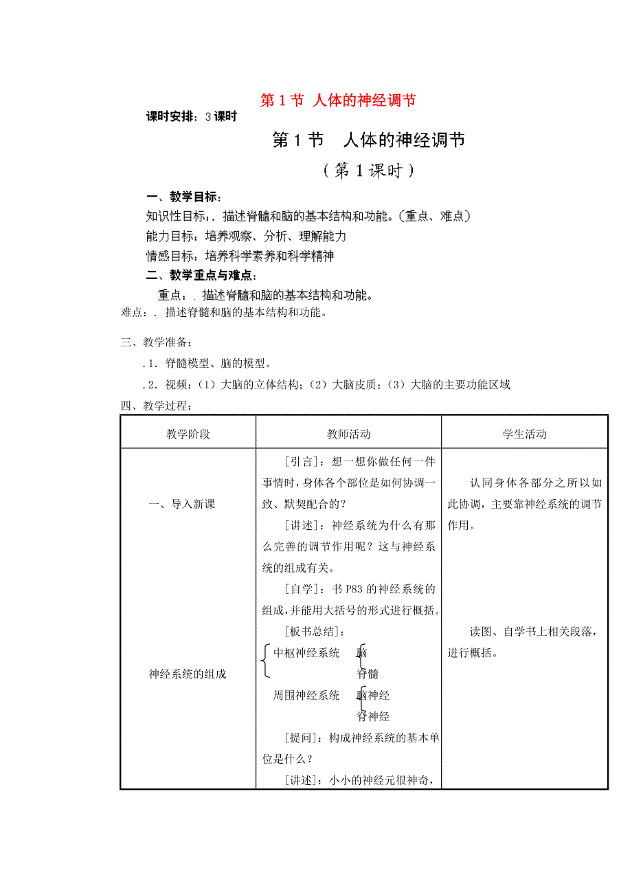八年级生物上册第1节人体的神经调节教案苏科版教案_第1页