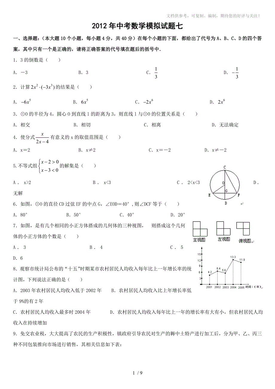 2012年全新中考数学模拟试题(七)及答案_第1页