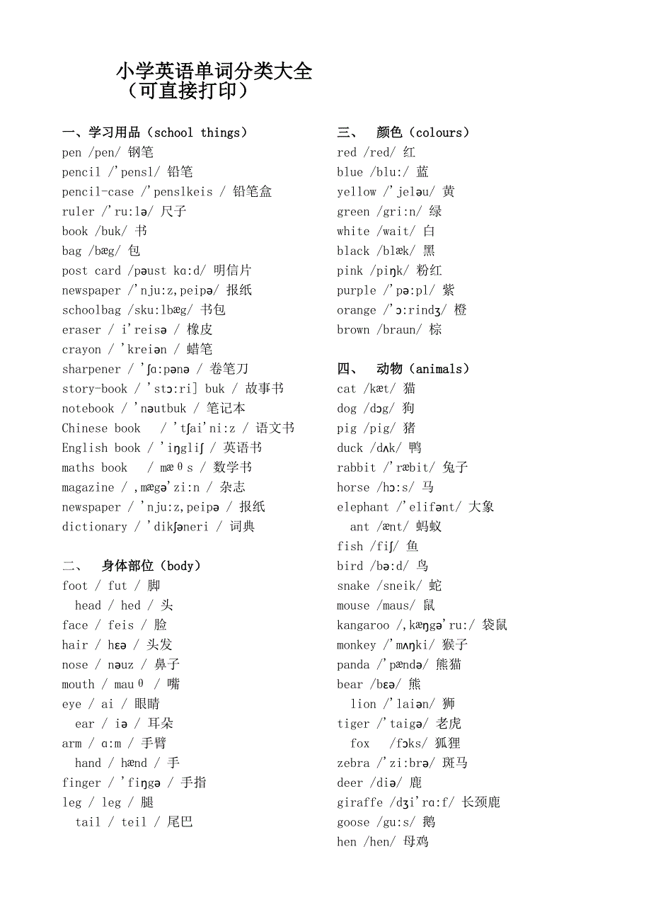 小学英语单词分类大全(可直接打印)_第1页