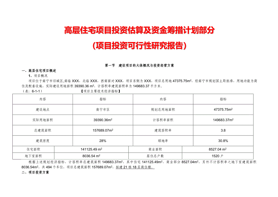 高层住宅项目投资估算及资金筹措计划项目投资可行性研究报告26358_第1页