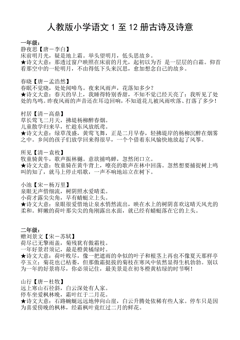 人教版小学语文1至12册古诗及诗意_第1页