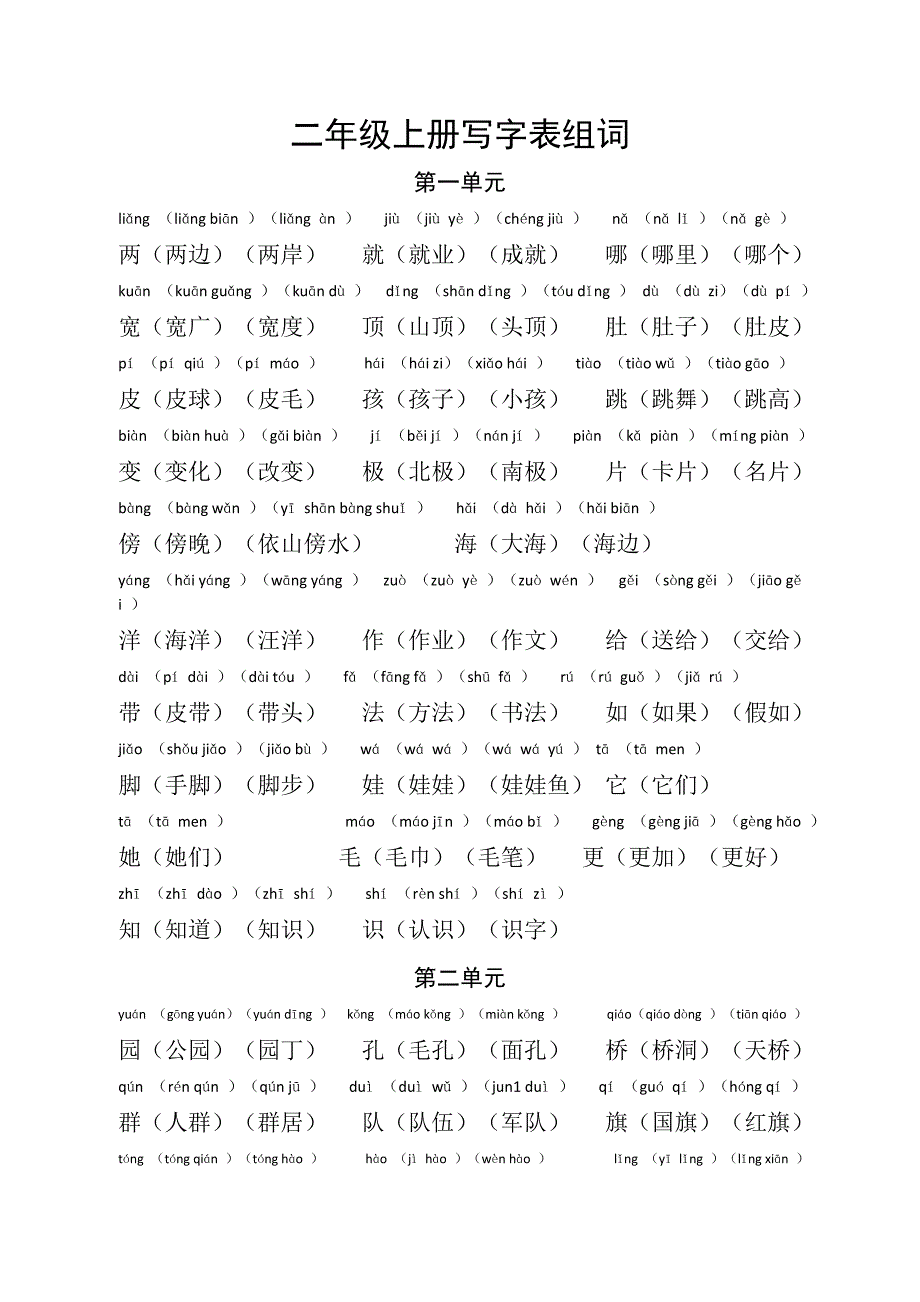 部编人教版语文二年级上册写字表组词(拼音版)_第1页