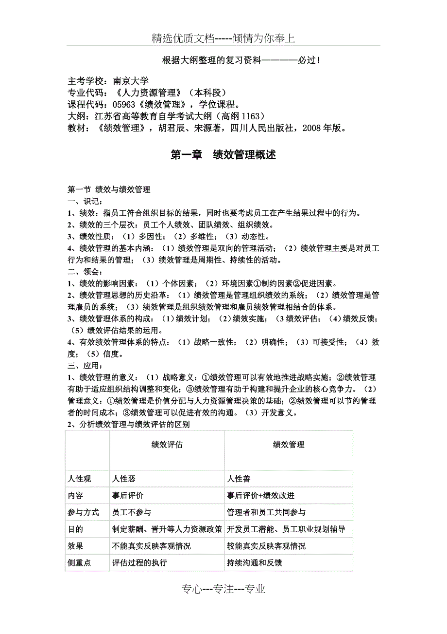 江苏人力资源管理本科自考必过-绩效管理根据大纲整理的复习资料_第1页