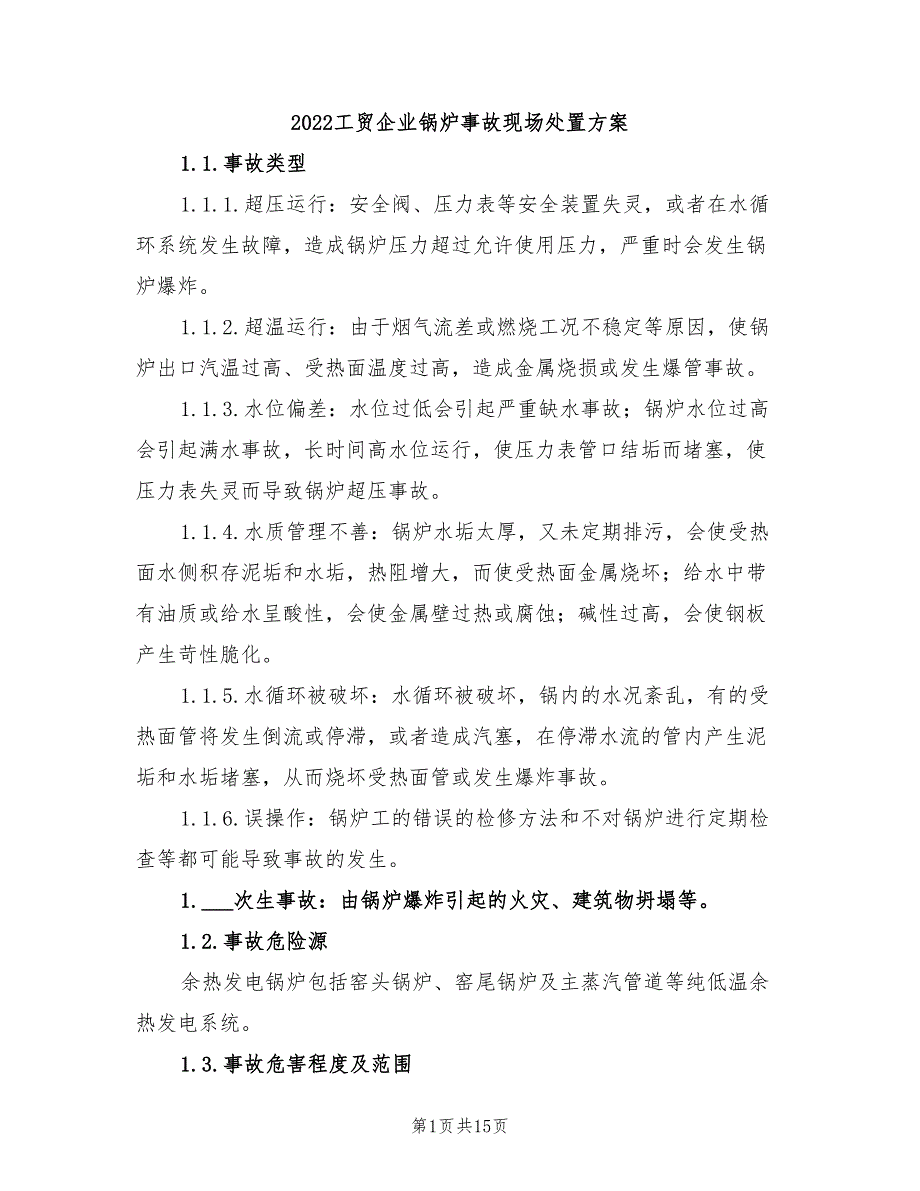 2022工贸企业锅炉事故现场处置方案_第1页