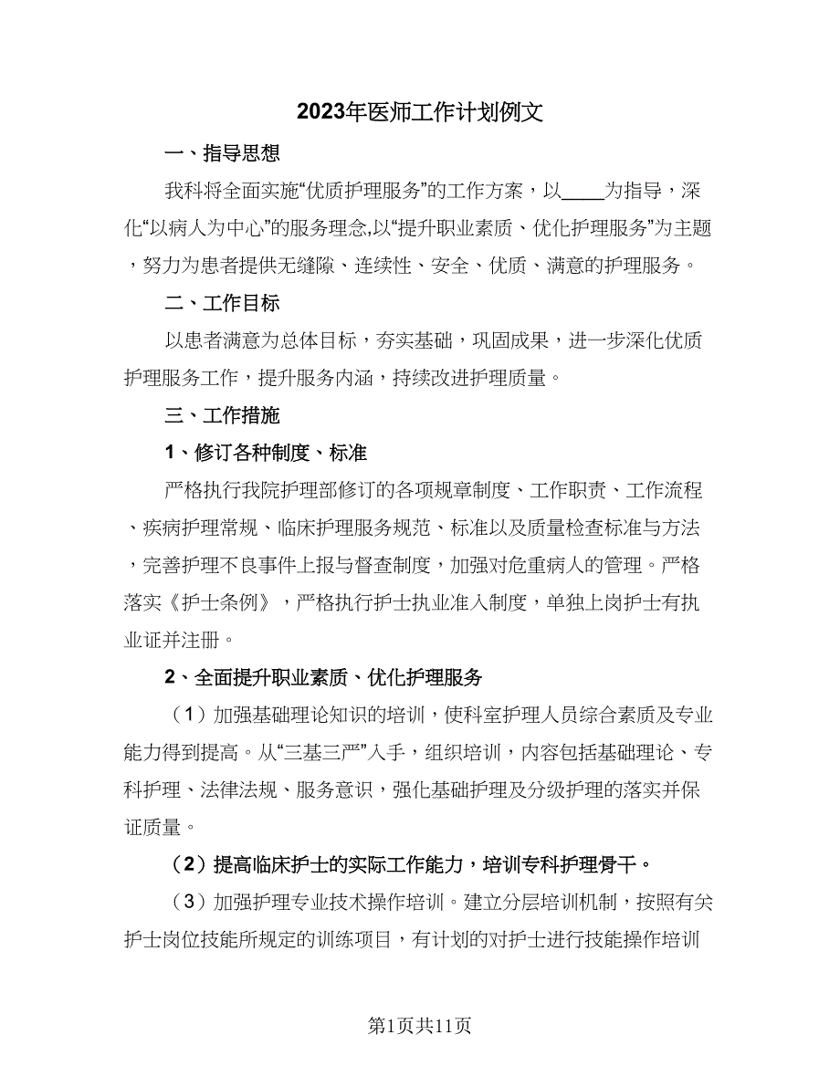 2023年医师工作计划例文（四篇）_第1页